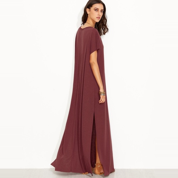 Loose Side Slits Burnout Knit Maxi Dress Burgundy - Picture 4 of 7